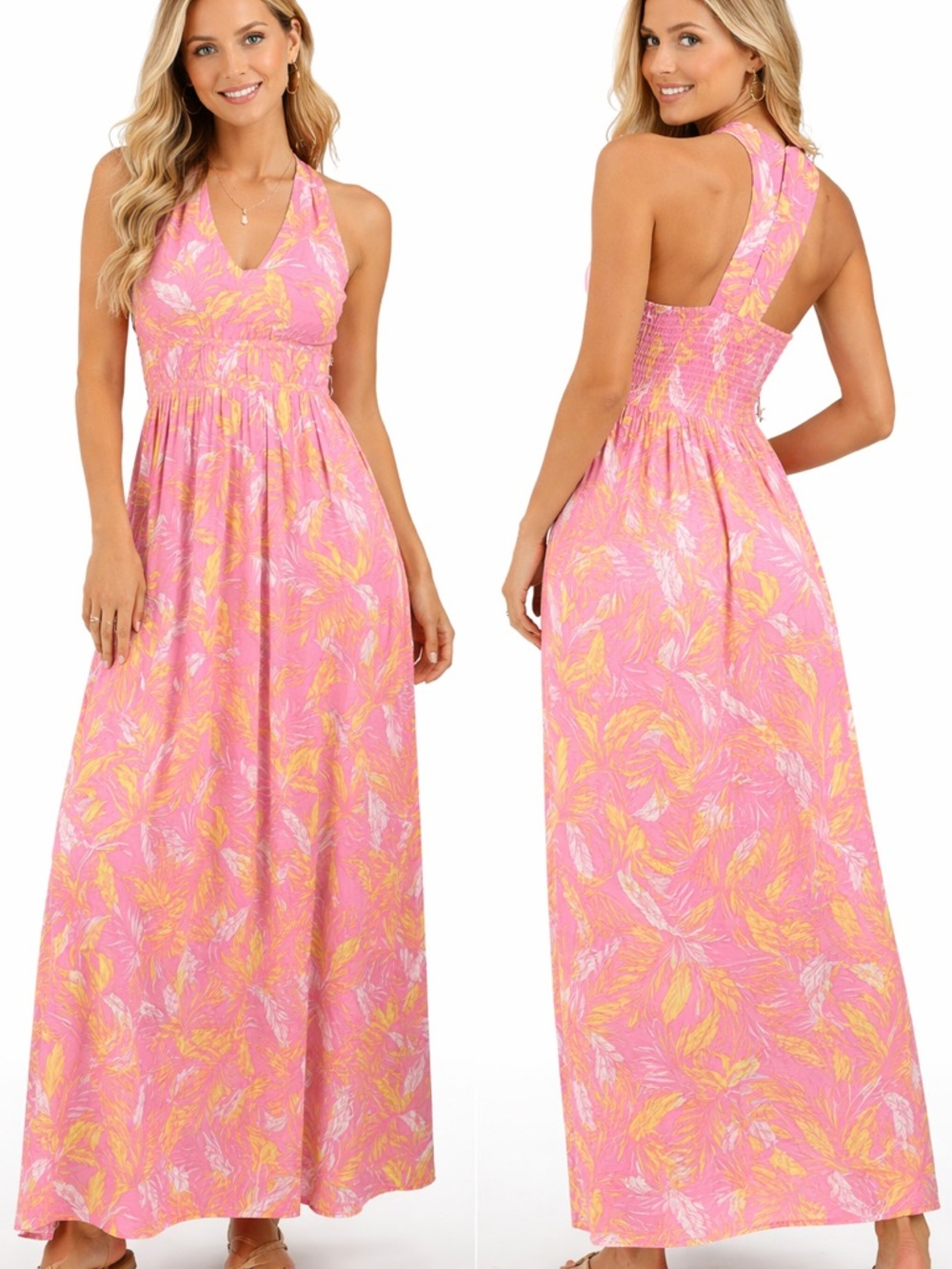 Jessica Simpson Pink & Yellow Floral Halter Maxi Dress